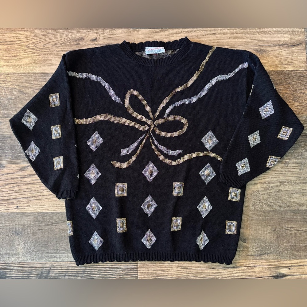VTG 80’s Sparkly Oversized Chunky Sweater  Acrylic Metallic Ribbon‎ Bow Granny